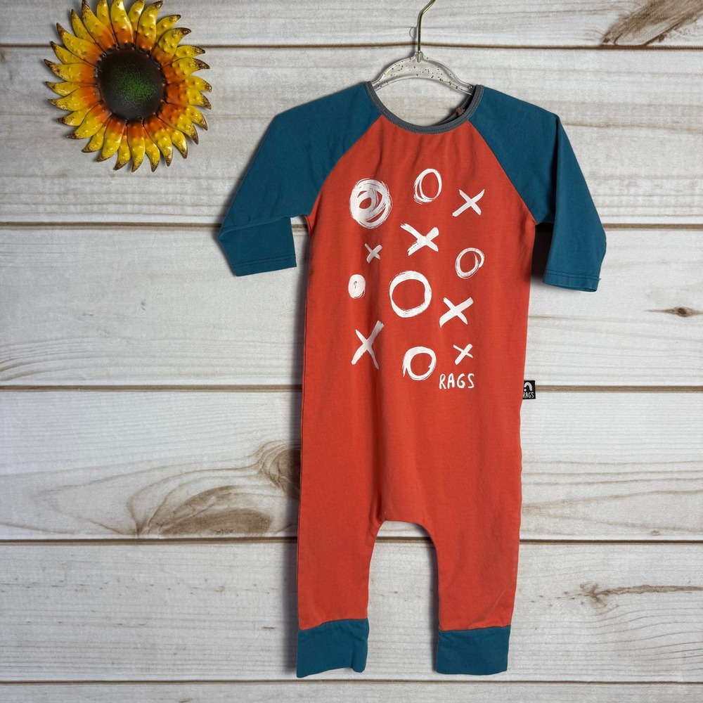 Rags Kids 12-18 Months Orange Teal Tic Tac Toe XO One Piece Romper
